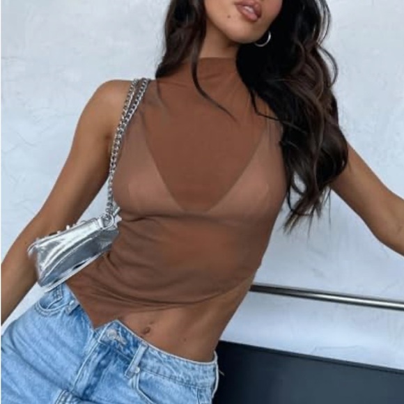 Tops - Sheer Mesh Asymmetrical Mock Neck Tank Top Crop Tol | medium | BRAND NEW